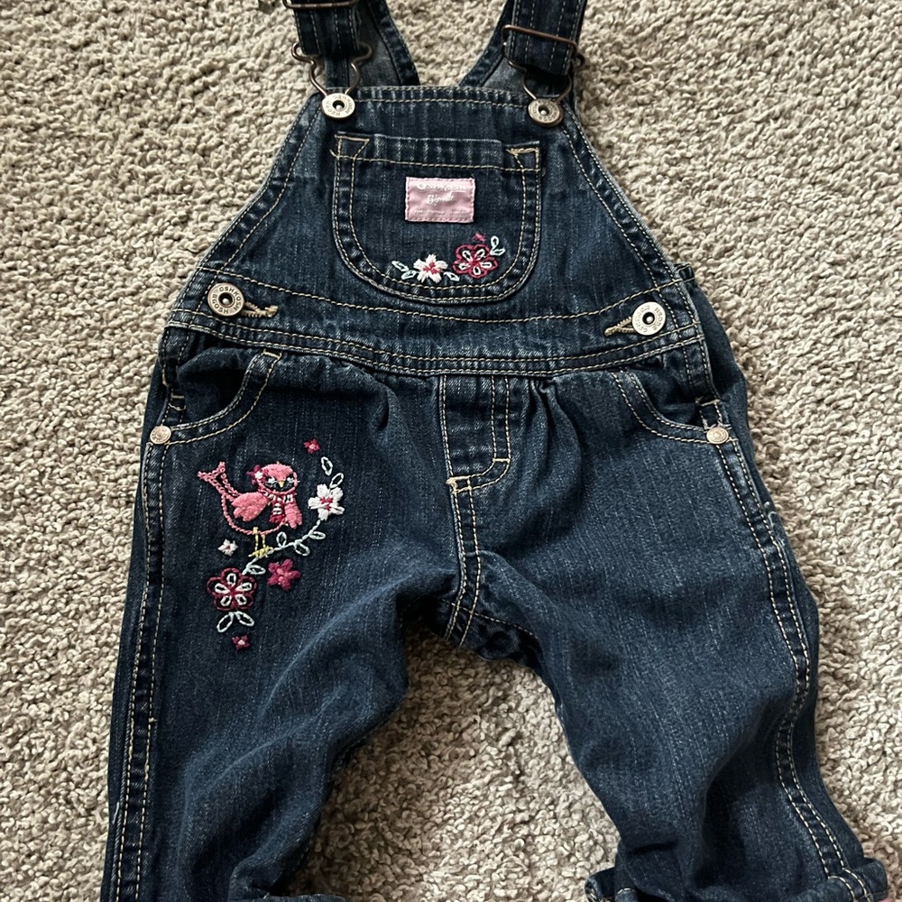 OshKosh B'gosh Vintage Denim Overalls with Pink Floral Embroidery
